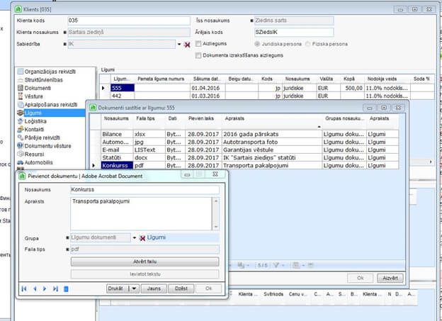 Pievienota iespēja uzglabāt ar klientu līgumiem saistītos dokumentus datu bāzē