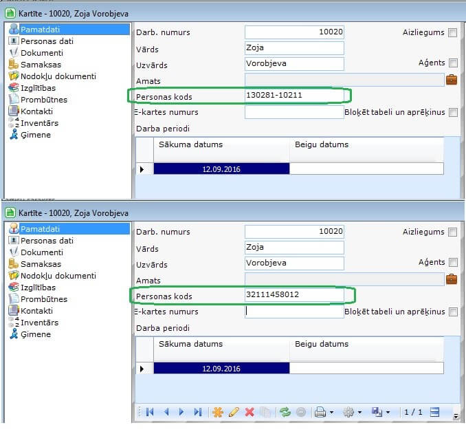 Darbinieka kartīte. Personas kods.