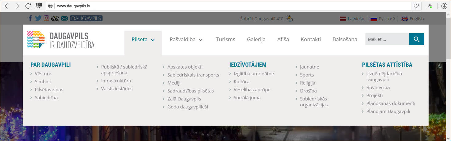 Сайт Даугавпилсской городской думы Daugavpils.lv - меню город