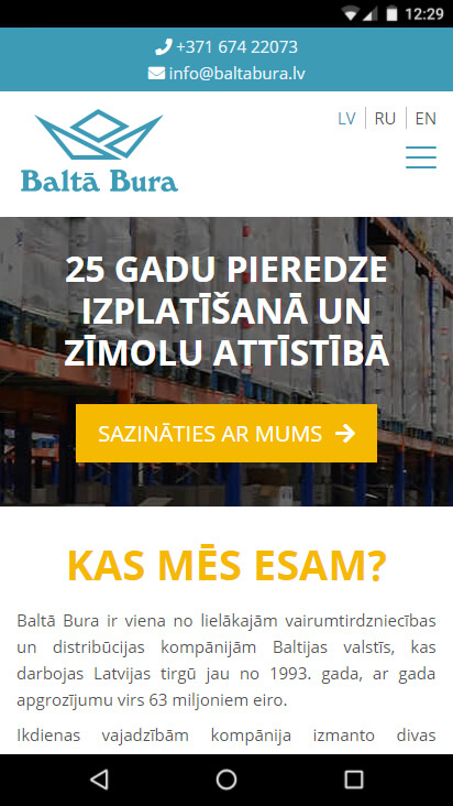 Kompānijas Baltā Bura mājas lapa - mobila versija